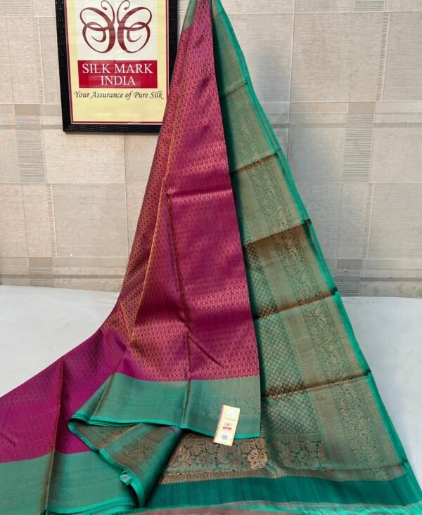 Antique Plum & Sea Green Pure Silk Saree with Rich Gold Zari Brocade