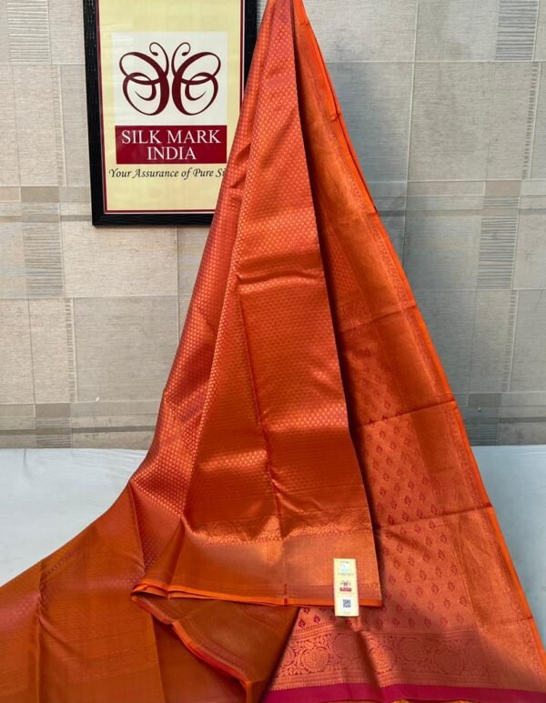 Radiant Copper-Orange and Crimson Pure Soft Silk Saree with Rich Gold Zari Work