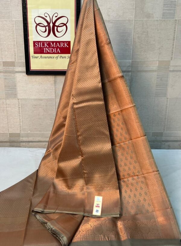 Elegant Metallic Copper and Olive Gold Pure Soft Silk Saree with Rich Gold Zari Work