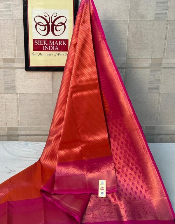 Stunning Tomato Red and Rani Pink Pure Soft Silk Saree with Rich Gold Zari Work