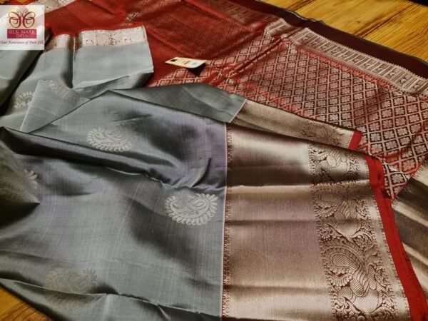 Chic Silver Grey & Deep Maroon Silver Zari Silk Saree