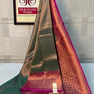 Traditional Bottle Green and Pink Pure Silk Saree – Silk Mark Certified