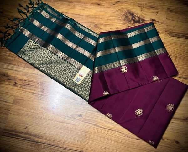Elegant Wine & Rama Green Soft Silk Saree with Traditional Gold Zari Buttas and Rich Pallu