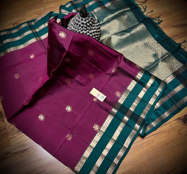 Elegant Wine & Rama Green Soft Silk Saree with Traditional Gold Zari Buttas and Rich Pallu