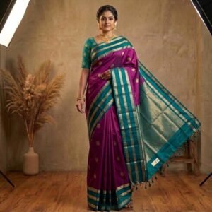 Elegant Wine & Rama Green Soft Silk Saree with Traditional Gold Zari Buttas and Rich Pallu