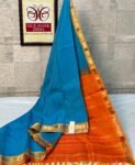 Sky Blue & Tangerine Pure Silk Saree with Gold Zari Border