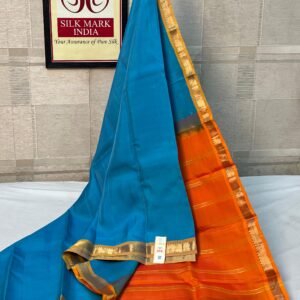 Sky Blue & Tangerine Pure Silk Saree with Gold Zari Border
