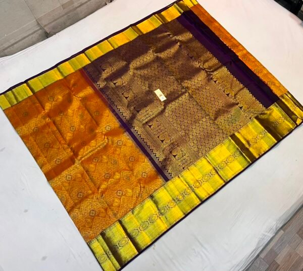 Regal Deep Violet Soft Silk Saree with Ornate Mustard Yellow Pallu and Rich Gold Zari Grid Work