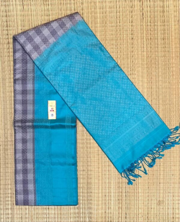 Aqua Blue & Silver Grey Gold Zari Checked Kanchipuram Silk Saree