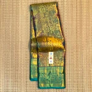 Luxurious Metallic Gold Soft Silk Saree with Rama Green Brocade Pallu and Peacock Motif Border