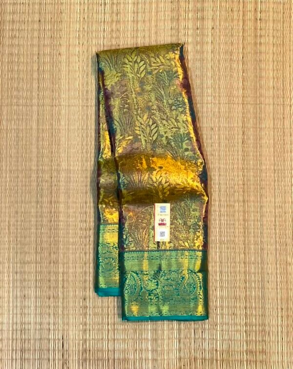 Luxurious Metallic Gold Soft Silk Saree with Rama Green Brocade Pallu and Peacock Motif Border