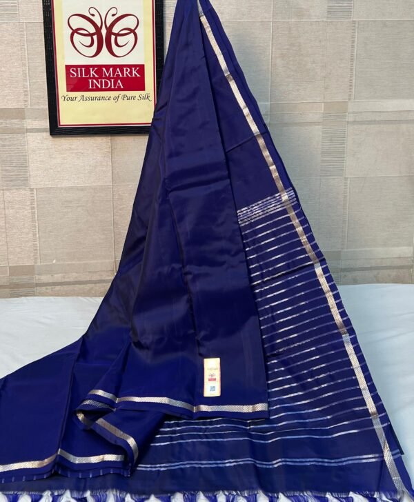 Midnight Blue Pure Silk Saree with Silver Zari Stripes