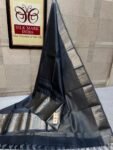 Sophisticated Charcoal Grey Soft Silk Saree with Antique Silver Zari Border & Pallu