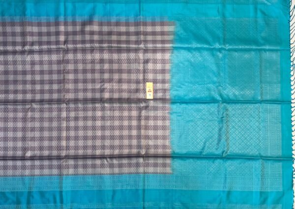Aqua Blue & Silver Grey Gold Zari Checked Kanchipuram Silk Saree