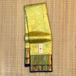 Majestic Antique Gold Soft Silk Saree with Light Olive Pallu and Deep Wine Lotus Motif Border