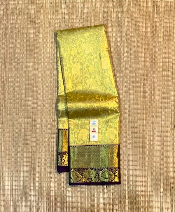 Majestic Antique Gold Soft Silk Saree with Light Olive Pallu and Deep Wine Lotus Motif Border