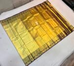 Majestic Antique Gold Soft Silk Saree with Light Olive Pallu and Deep Wine Lotus Motif Border