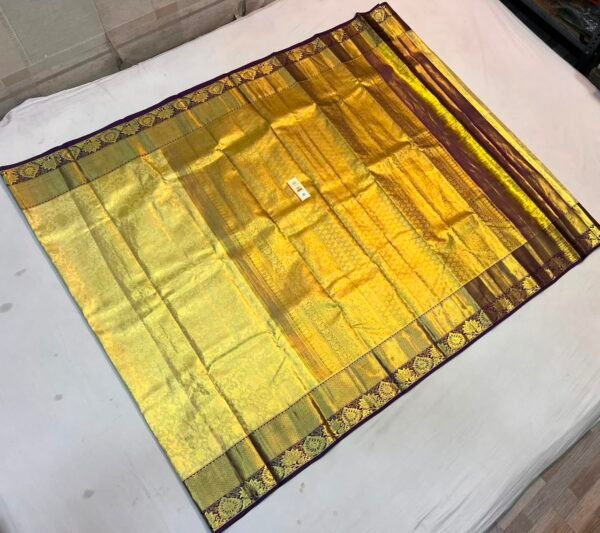 Majestic Antique Gold Soft Silk Saree with Light Olive Pallu and Deep Wine Lotus Motif Border