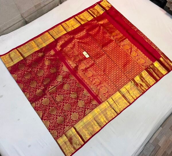 Regal Crimson Red Soft Silk Saree with Heavy Gold Zari Floral Buttas and Grand Brocade Pallu