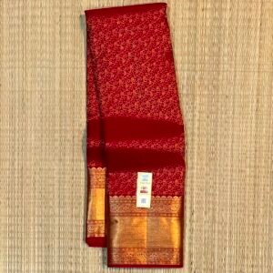 Bridal Scarlet Red Soft Silk Saree with All-Over Gold Zari Jaal Weave and Traditional Temple Border