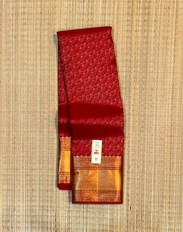 Bridal Scarlet Red Soft Silk Saree with All-Over Gold Zari Jaal Weave and Traditional Temple Border