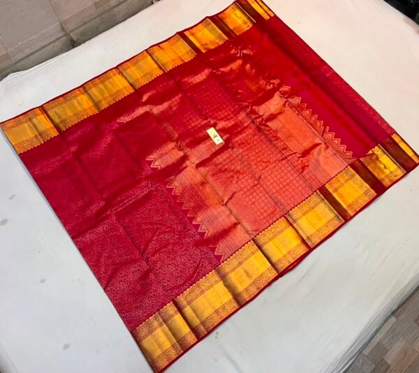 Bridal Scarlet Red Soft Silk Saree with All-Over Gold Zari Jaal Weave and Traditional Temple Border