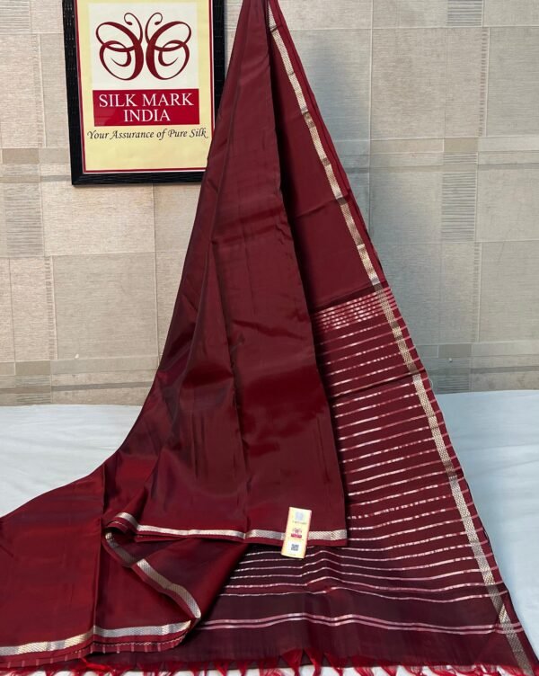 Elegant Maroon Pure Silk Saree with Zari Border and Striped Pallu