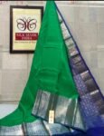 Regal Parrot Green Soft Silk Saree with Royal Blue Silver Zari Korvai Border & Pallu