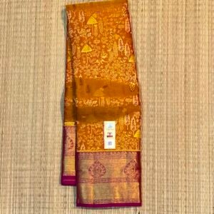 Majestic Deep Pink and Mustard Yellow Soft Silk Saree with Traditional Gold Zari Border & Full-Weave Pallu