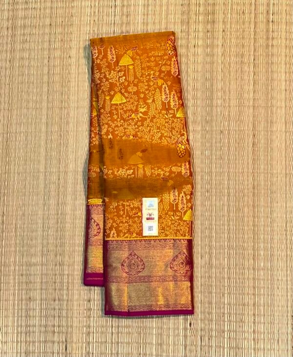Majestic Deep Pink and Mustard Yellow Soft Silk Saree with Traditional Gold Zari Border & Full-Weave Pallu