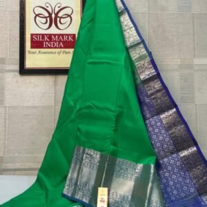 Regal Parrot Green Soft Silk Saree with Royal Blue Silver Zari Korvai Border & Pallu