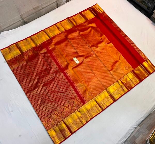 Bridal Scarlet Red Soft Silk Saree with Elegant Diagonal Lattice Work and Ornate Gold Zari Pallu