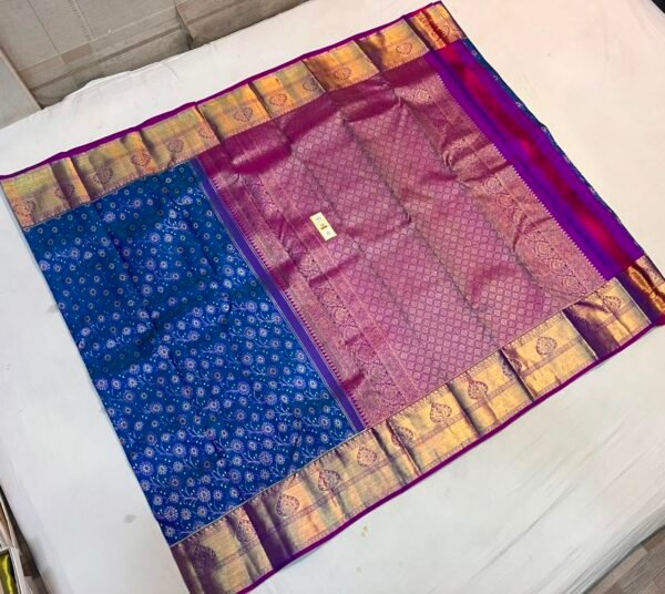 Exquisite Royal Blue Soft Silk Saree with Intricate Floral Buttas and Contrast Magenta Brocade Pallu
