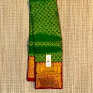 Traditional Parrot Green Soft Silk Saree with Elegant Gold Zari Diamond Grid and Contrast Red Pallu