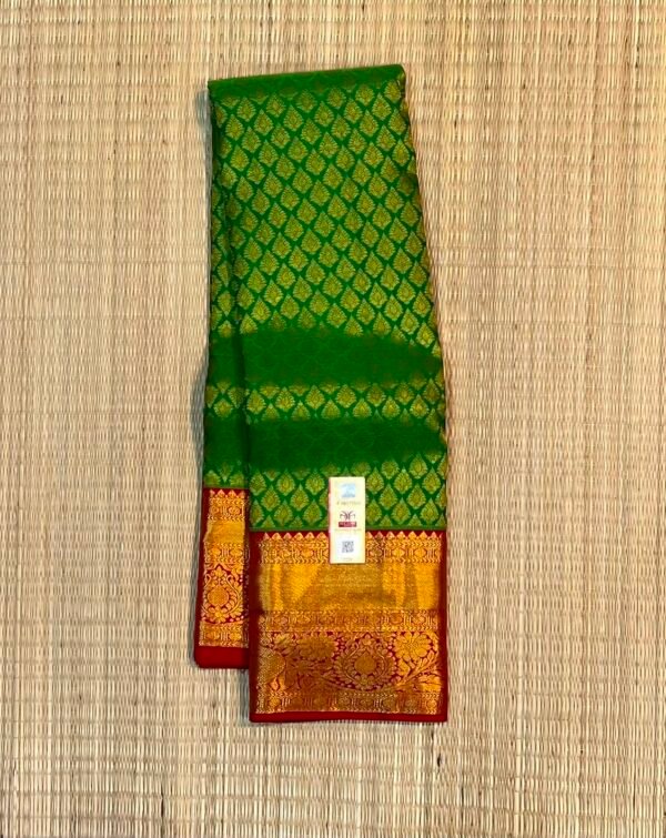 Traditional Parrot Green Soft Silk Saree with Elegant Gold Zari Diamond Grid and Contrast Red Pallu
