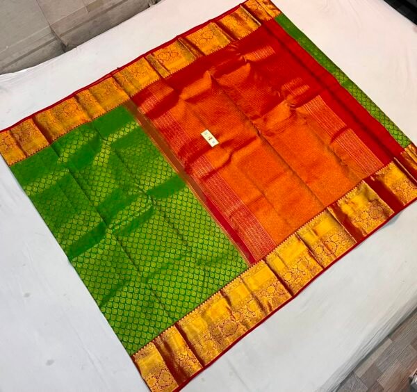 Traditional Parrot Green Soft Silk Saree with Elegant Gold Zari Diamond Grid and Contrast Red Pallu