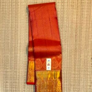 Radiant Tangerine Orange Soft Silk Saree with Ornate Gold Zari Grid and Festive Red Pallu