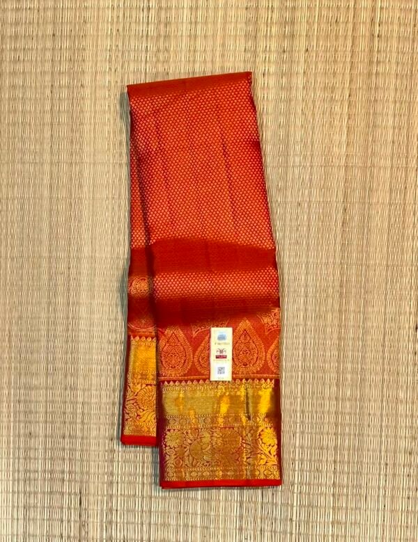 Radiant Tangerine Orange Soft Silk Saree with Ornate Gold Zari Grid and Festive Red Pallu