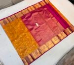Majestic Deep Pink and Mustard Yellow Soft Silk Saree with Traditional Gold Zari Border & Full-Weave Pallu