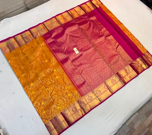 Majestic Deep Pink and Mustard Yellow Soft Silk Saree with Traditional Gold Zari Border & Full-Weave Pallu