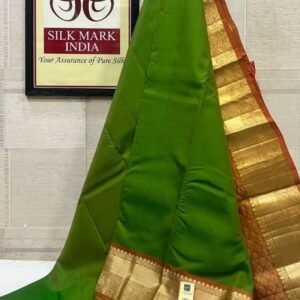 Traditional Olive Green Soft Silk Saree with Terracotta Brown Gold Zari Border & Pallu