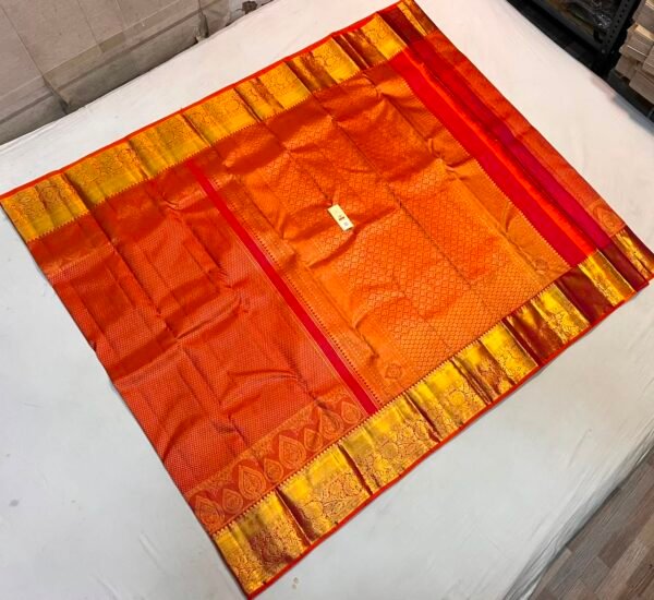 Radiant Tangerine Orange Soft Silk Saree with Ornate Gold Zari Grid and Festive Red Pallu