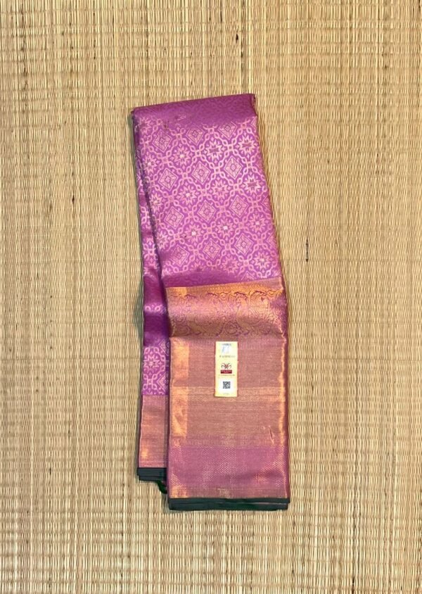 Elegant Onion Pink and Lavender Kanjivaram Silk Saree with All-Over Gold Zari Brocade