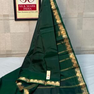 Deep Bottle Green Pure Silk Saree with Traditional Gold Zari Temple Border