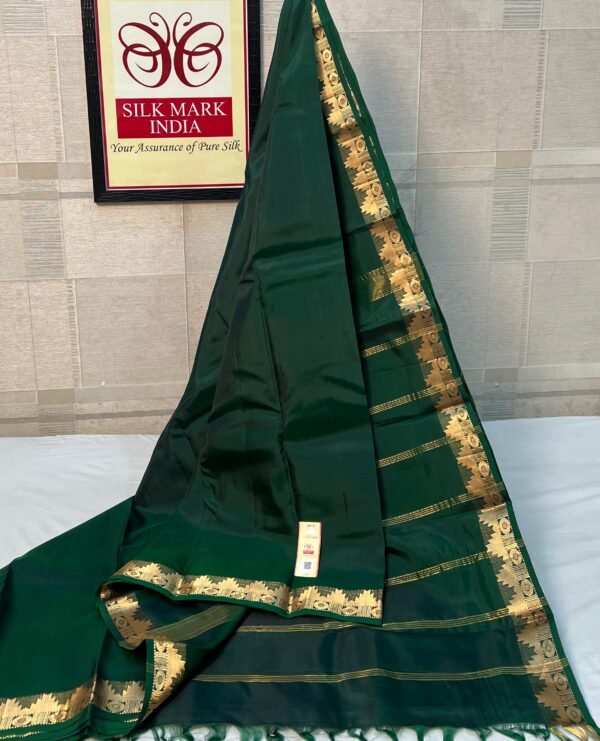 Deep Bottle Green Pure Silk Saree with Traditional Gold Zari Temple Border
