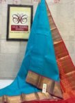 Vibrant Feroza Blue Soft Silk Saree with Crimson Red Gold Zari Border & Pallu
