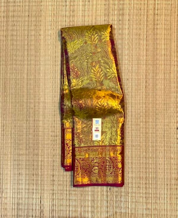 Royal Mustard Gold and Crimson Red Soft Silk Saree with Full Tissue Weave & Ornate Gold Zari Border