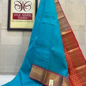 Vibrant Feroza Blue Soft Silk Saree with Crimson Red Gold Zari Border & Pallu