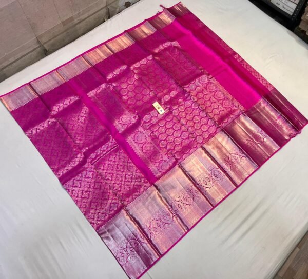 Elegant Rani Pink Kanchipuram Silk Saree with Silver Zari Weaving, Broad Silver Border & Rich Brocade Pallu