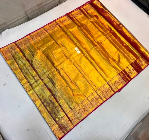 Royal Mustard Gold and Crimson Red Soft Silk Saree with Full Tissue Weave & Ornate Gold Zari Border